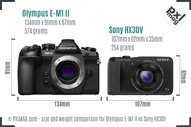 Olympus E-M1 II vs Sony HX30V size comparison