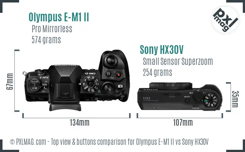 Olympus E-M1 II vs Sony HX30V top view buttons comparison