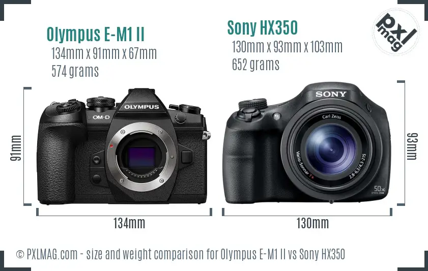 Olympus E-M1 II vs Sony HX350 size comparison