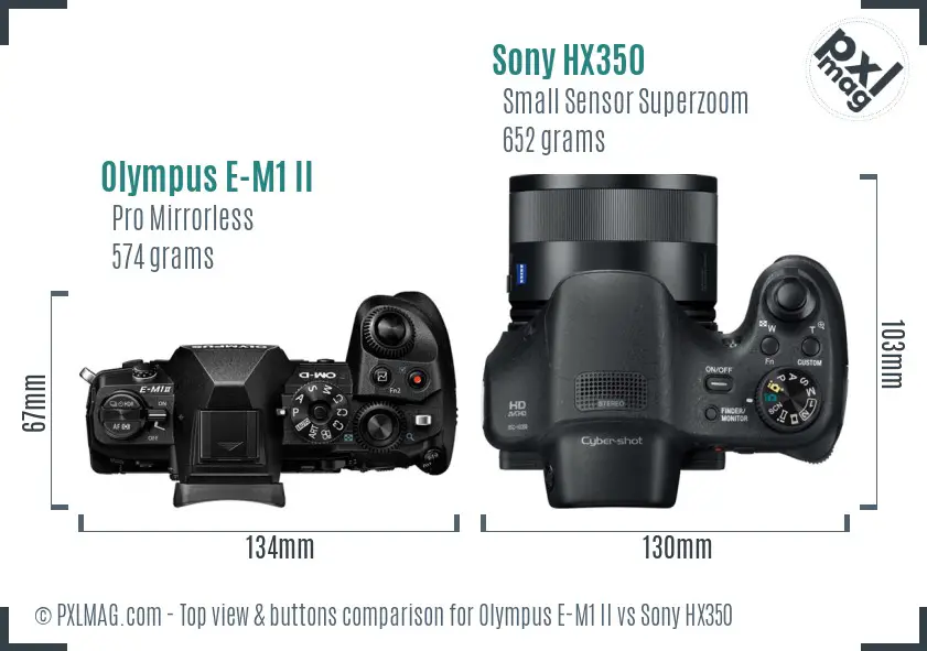 Olympus E-M1 II vs Sony HX350 top view buttons comparison
