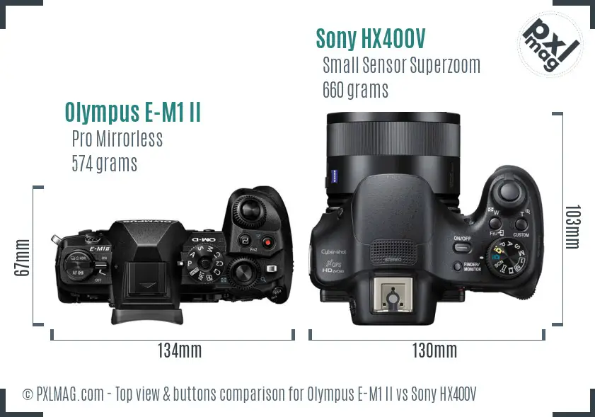 Olympus E-M1 II vs Sony HX400V top view buttons comparison