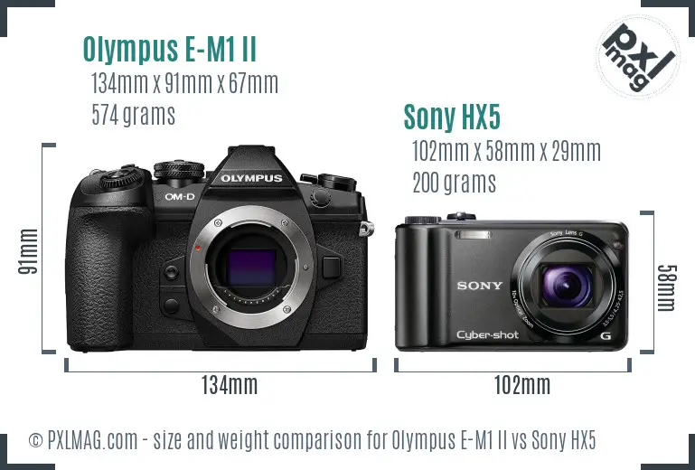 Olympus E-M1 II vs Sony HX5 size comparison