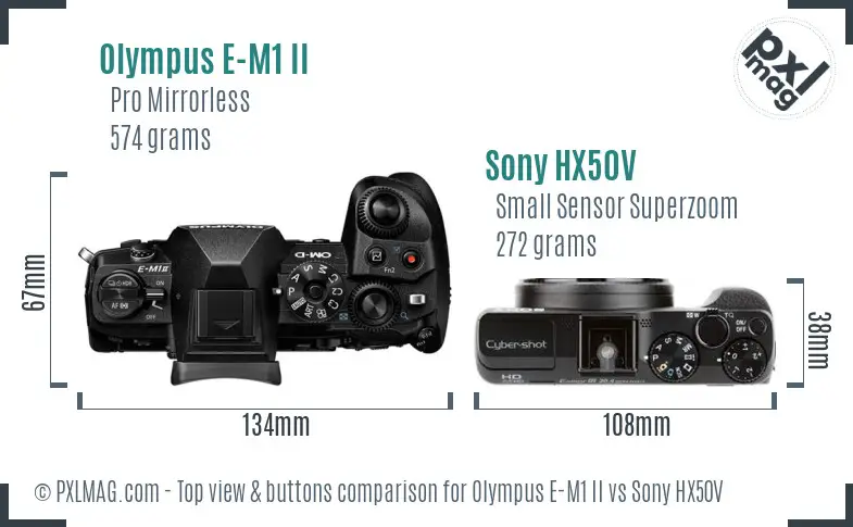 Olympus E-M1 II vs Sony HX50V top view buttons comparison
