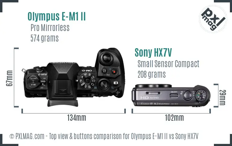 Olympus E-M1 II vs Sony HX7V top view buttons comparison