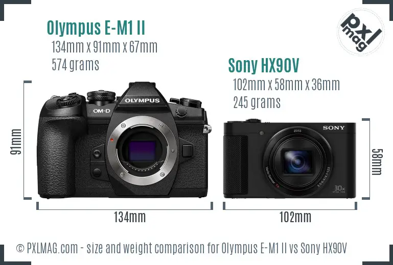 Olympus E-M1 II vs Sony HX90V size comparison