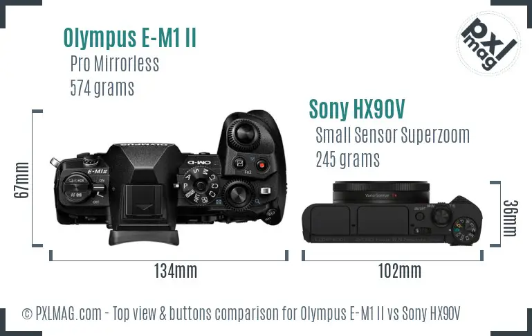 Olympus E-M1 II vs Sony HX90V top view buttons comparison