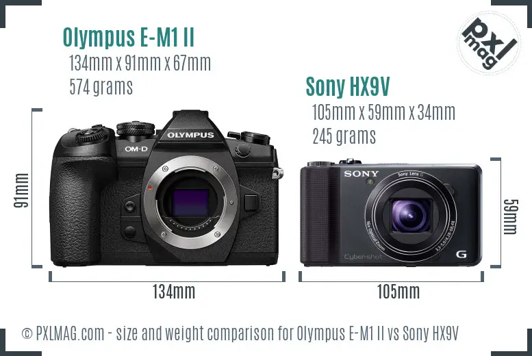 Olympus E-M1 II vs Sony HX9V size comparison