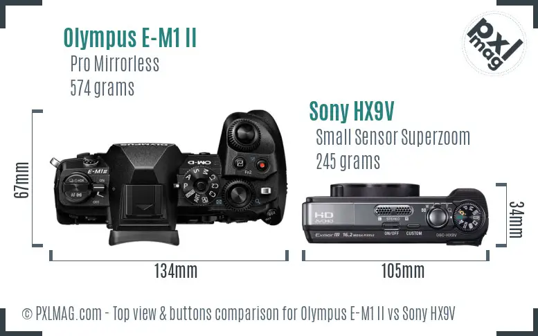 Olympus E-M1 II vs Sony HX9V top view buttons comparison