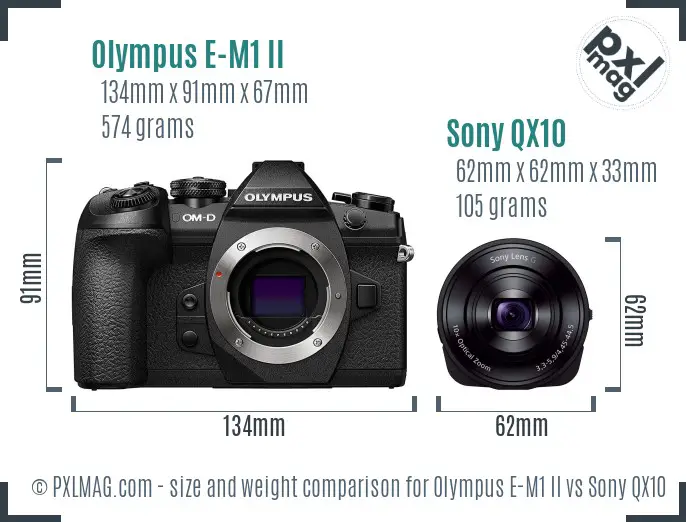 Olympus E-M1 II vs Sony QX10 size comparison