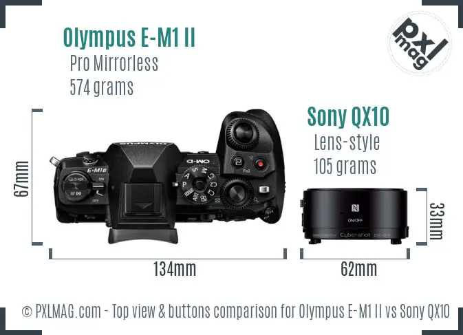 Olympus E-M1 II vs Sony QX10 top view buttons comparison