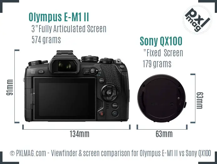 Olympus E-M1 II vs Sony QX100 Screen and Viewfinder comparison