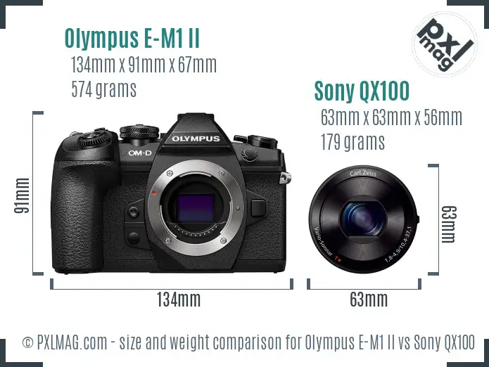 Olympus E-M1 II vs Sony QX100 size comparison