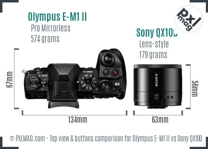 Olympus E-M1 II vs Sony QX100 top view buttons comparison