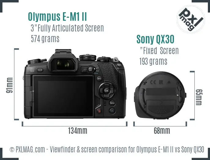 Olympus E-M1 II vs Sony QX30 Screen and Viewfinder comparison