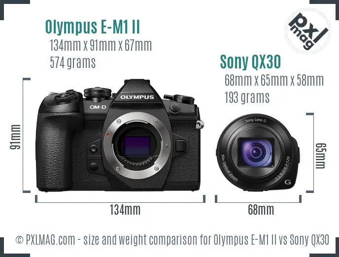 Olympus E-M1 II vs Sony QX30 size comparison