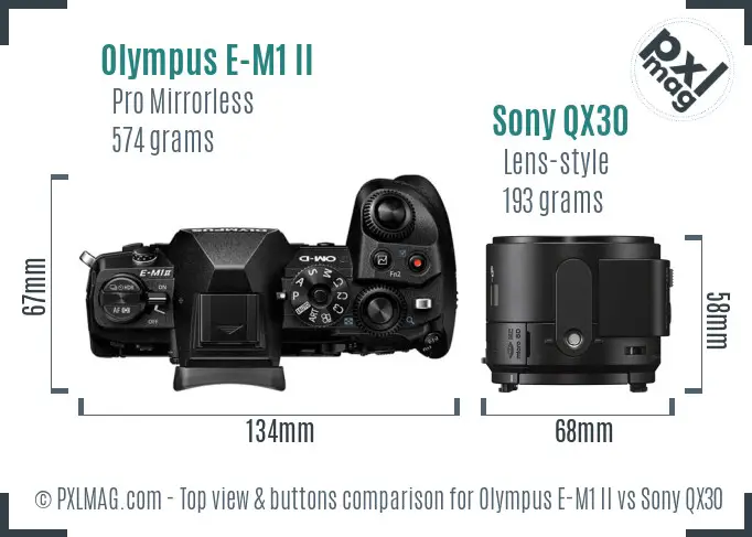 Olympus E-M1 II vs Sony QX30 top view buttons comparison