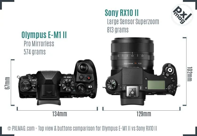 Olympus E-M1 II vs Sony RX10 II top view buttons comparison