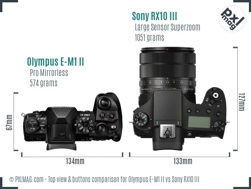 Olympus E-M1 II vs Sony RX10 III top view buttons comparison