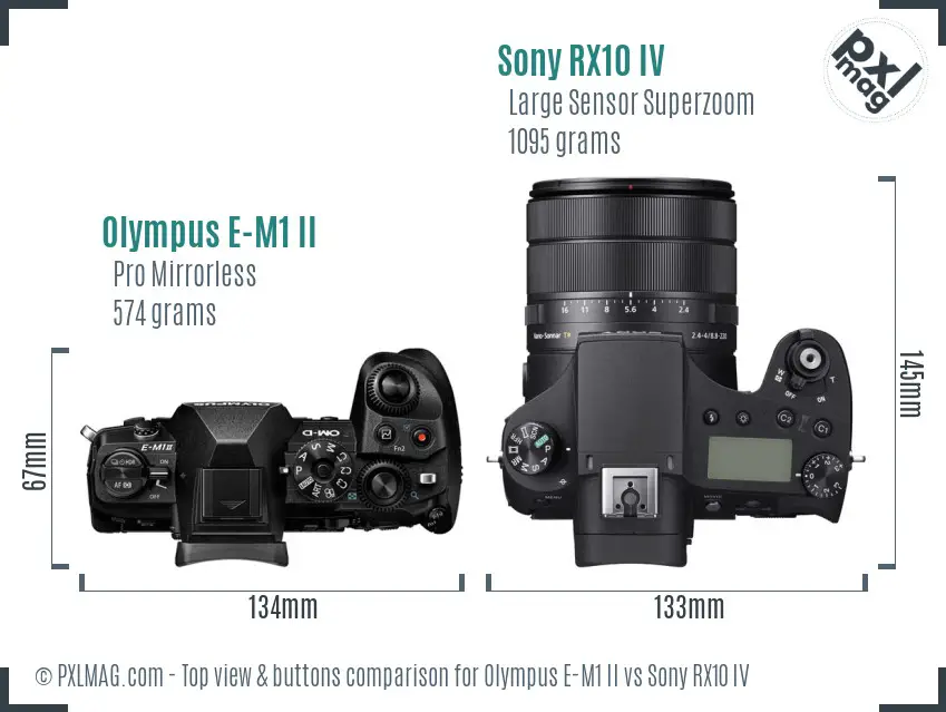 Olympus E-M1 II vs Sony RX10 IV top view buttons comparison