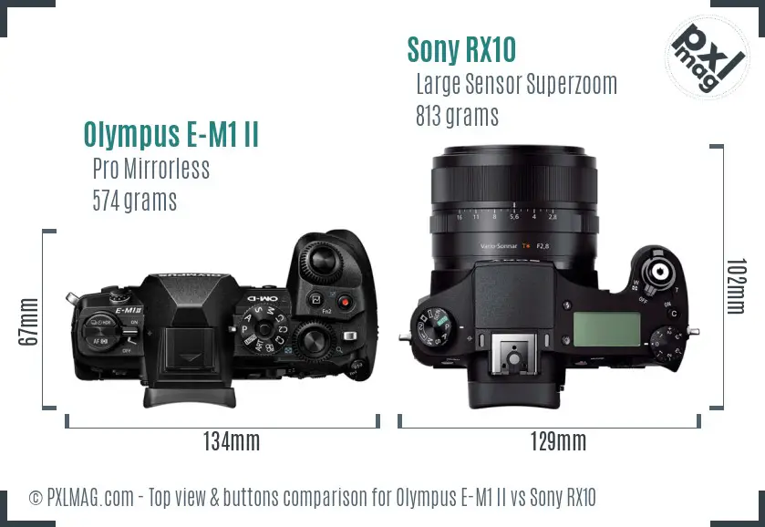 Olympus E-M1 II vs Sony RX10 top view buttons comparison