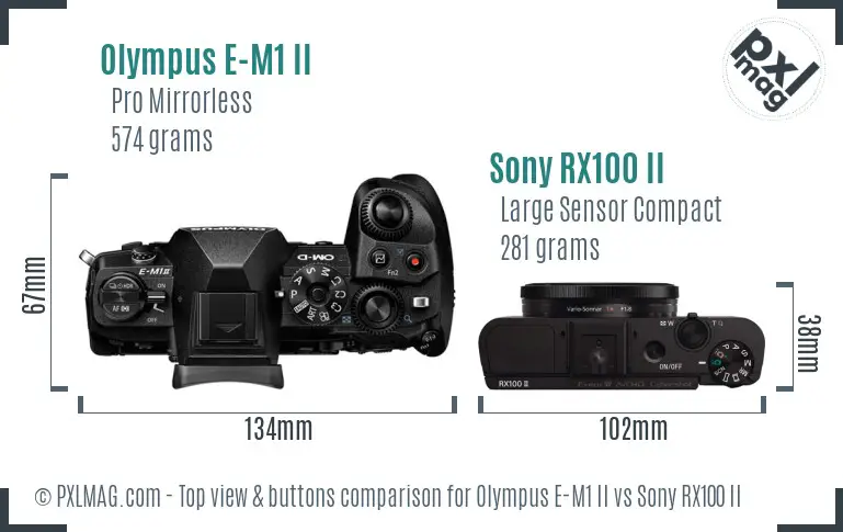 Olympus E-M1 II vs Sony RX100 II top view buttons comparison