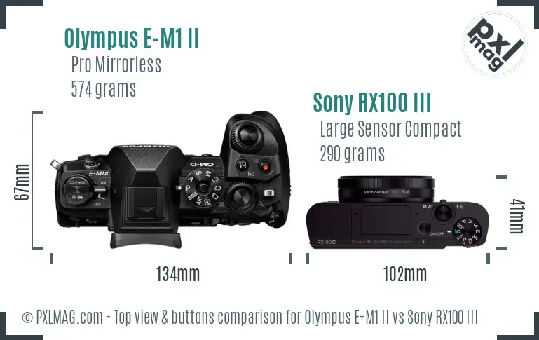 Olympus E-M1 II vs Sony RX100 III top view buttons comparison