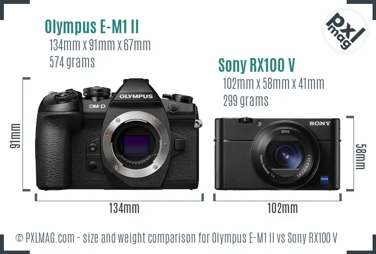 Olympus E-M1 II vs Sony RX100 V size comparison