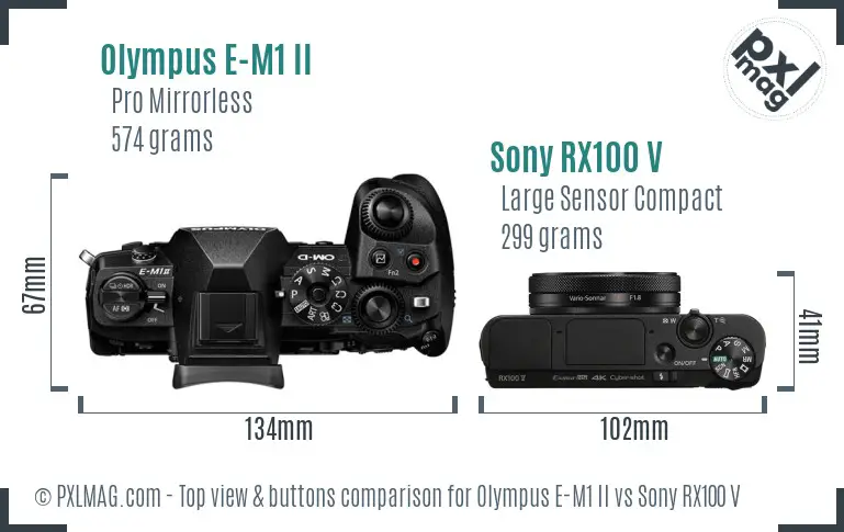 Olympus E-M1 II vs Sony RX100 V top view buttons comparison