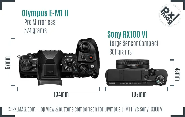 Olympus E-M1 II vs Sony RX100 VI top view buttons comparison