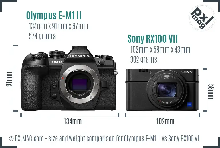 Olympus E-M1 II vs Sony RX100 VII size comparison Olympus E-M1 II vs Sony RX100 VII size comparison