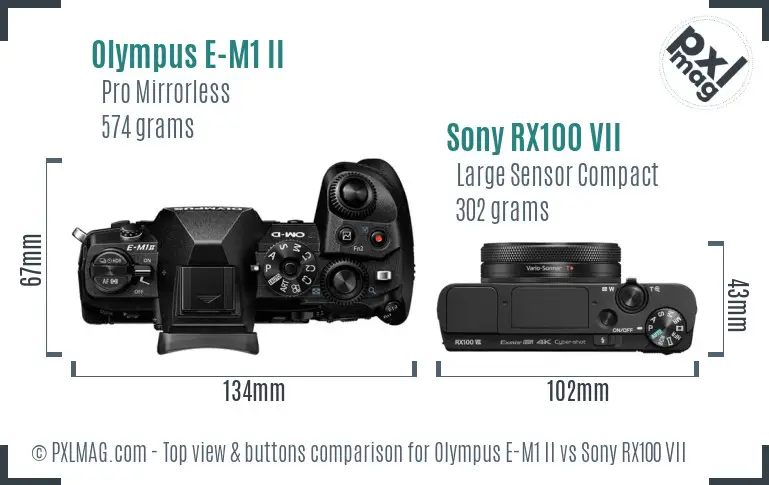 Olympus E-M1 II vs Sony RX100 VII top view buttons comparison Olympus E-M1 II vs Sony RX100 VII top view buttons comparison