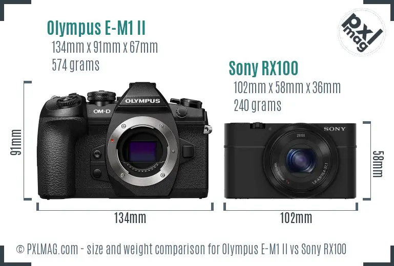 Olympus E-M1 II vs Sony RX100 size comparison