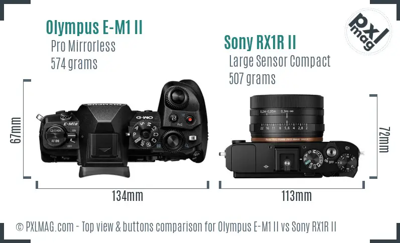 Olympus E-M1 II vs Sony RX1R II top view buttons comparison