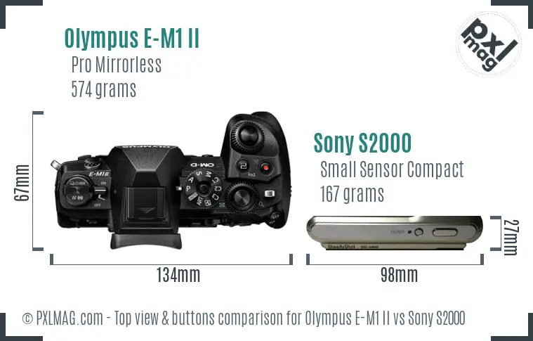 Olympus E-M1 II vs Sony S2000 top view buttons comparison