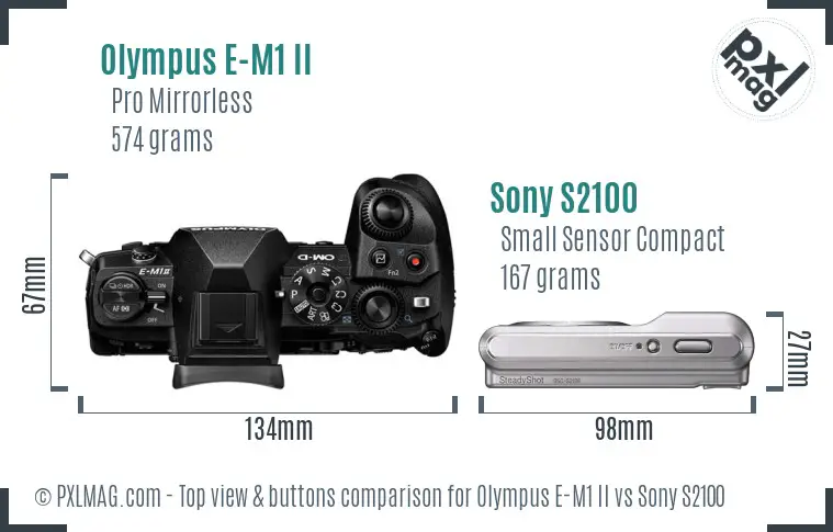 Olympus E-M1 II vs Sony S2100 top view buttons comparison