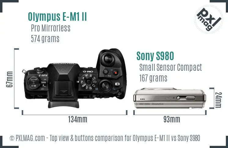 Olympus E-M1 II vs Sony S980 top view buttons comparison