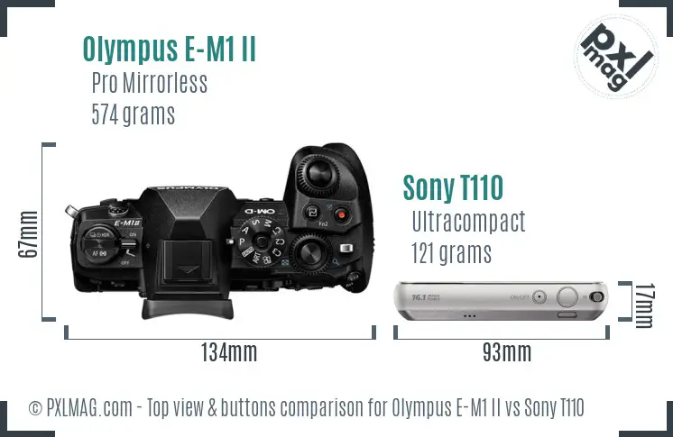 Olympus E-M1 II vs Sony T110 top view buttons comparison