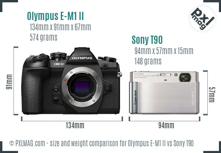 Olympus E-M1 II vs Sony T90 size comparison