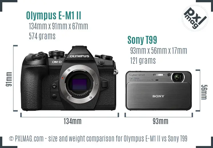 Olympus E-M1 II vs Sony T99 size comparison