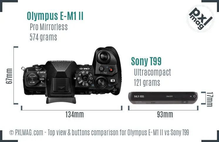 Olympus E-M1 II vs Sony T99 top view buttons comparison