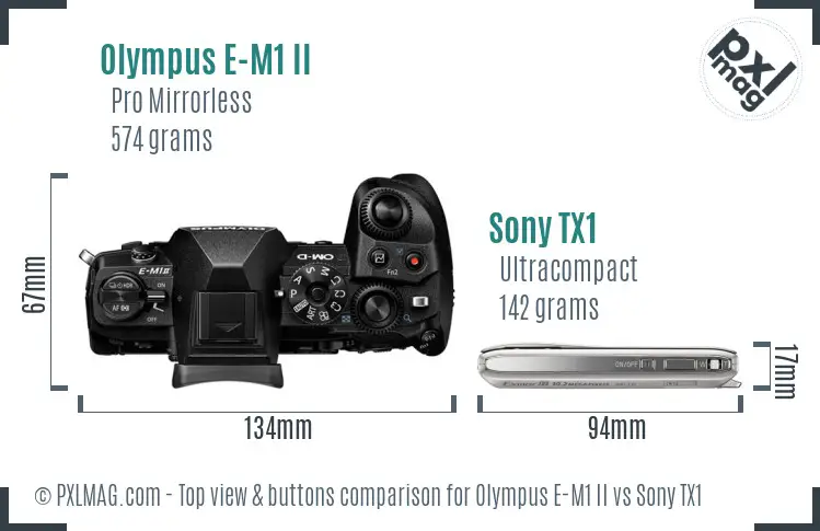Olympus E-M1 II vs Sony TX1 top view buttons comparison