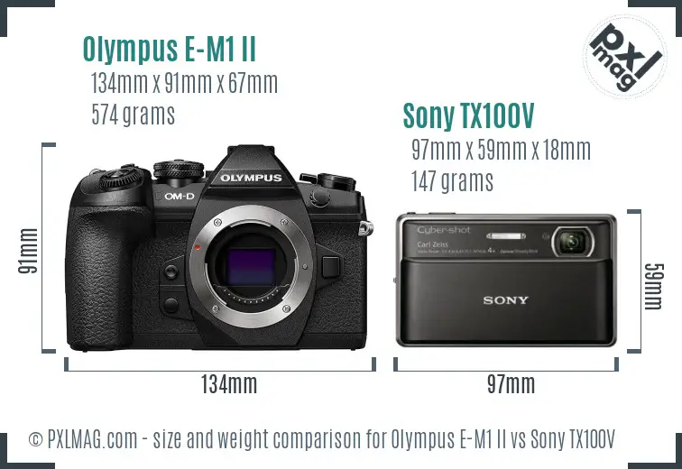 Olympus E-M1 II vs Sony TX100V size comparison