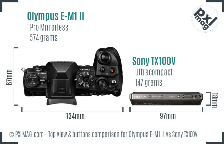 Olympus E-M1 II vs Sony TX100V top view buttons comparison