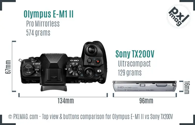 Olympus E-M1 II vs Sony TX200V top view buttons comparison Olympus E-M1 II vs Sony TX200V top view buttons comparison