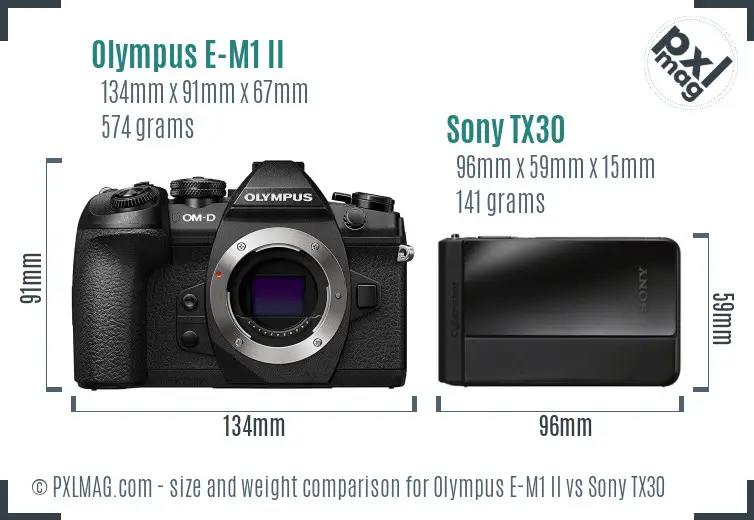 Olympus E-M1 II vs Sony TX30 size comparison