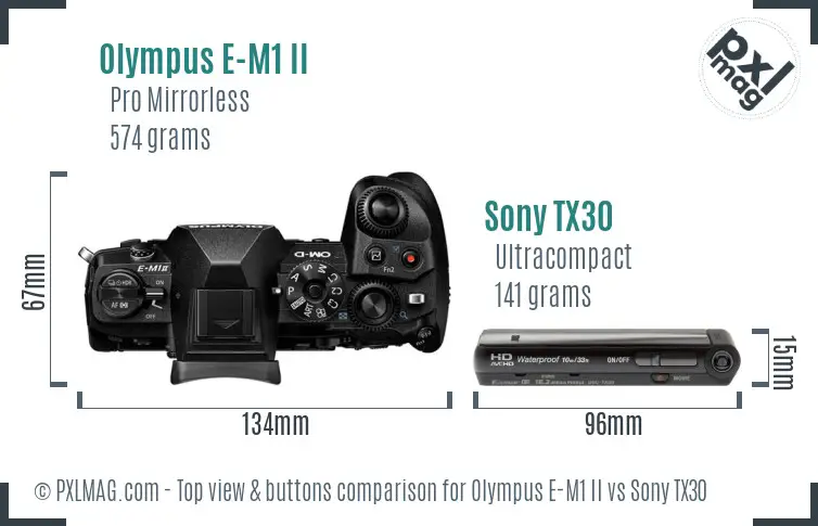 Olympus E-M1 II vs Sony TX30 top view buttons comparison