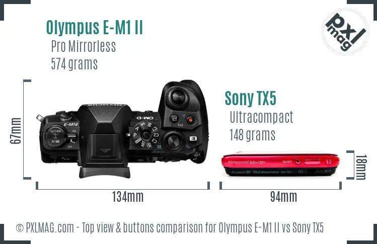 Olympus E-M1 II vs Sony TX5 top view buttons comparison