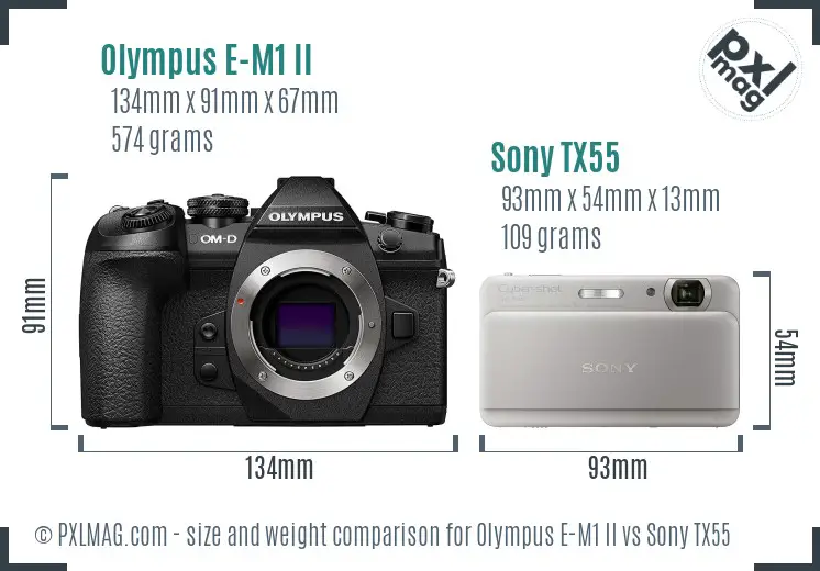 Olympus E-M1 II vs Sony TX55 size comparison Olympus E-M1 II vs Sony TX55 size comparison