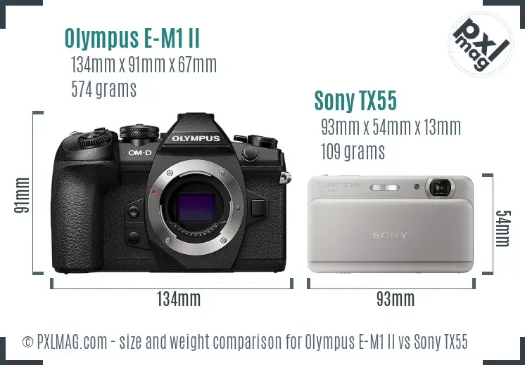 Olympus E-M1 II vs Sony TX55 size comparison