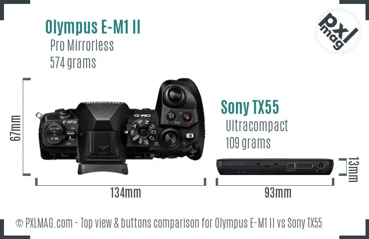 Olympus E-M1 II vs Sony TX55 top view buttons comparison Olympus E-M1 II vs Sony TX55 top view buttons comparison
